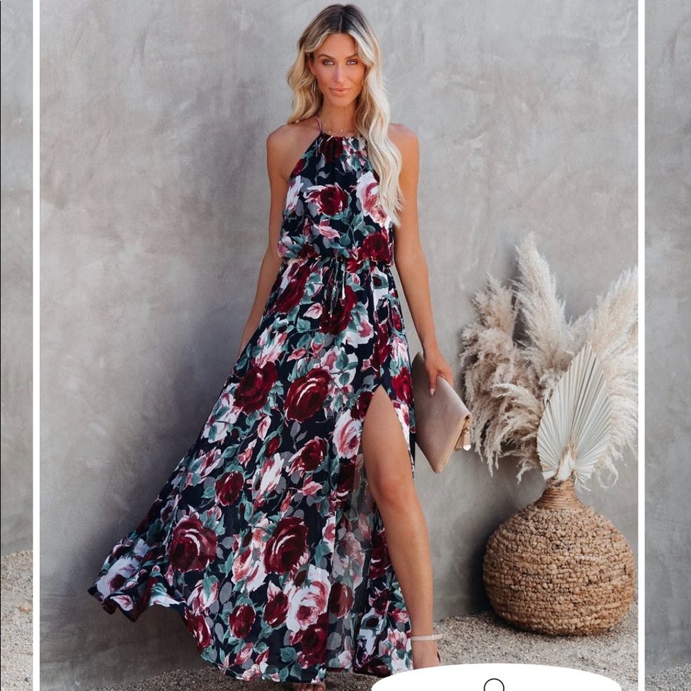 Vici Floral Halter Tie Neck Maxi Dress Slit Medium.